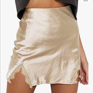 Women's Satin Lace Trim Split Slit Hem Zipper High Wasit Mini Short Skirt